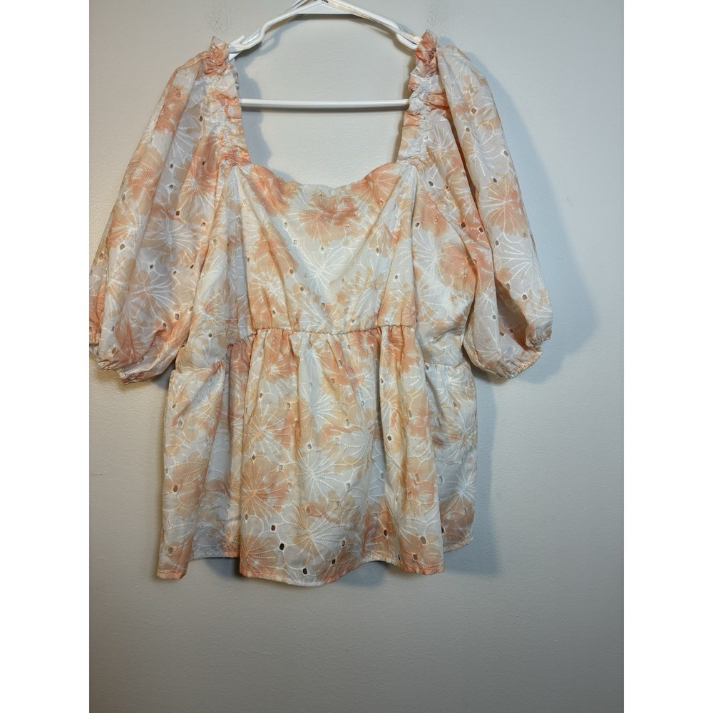 Arula Babydoll Blouse Women's Sz‎ 18/20 Peach Floral Boho 3/4 Balloon Sleeve